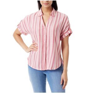 Gloria Vanderbilt Womens Roll Tab Sleeve Button Down Blouse, Pink, L, DM